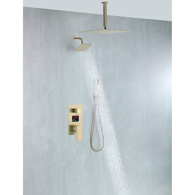 Brushed gold ceiling mounted dual shower head 3 way digital display anti scald shower system - 7'6" x 10'9"