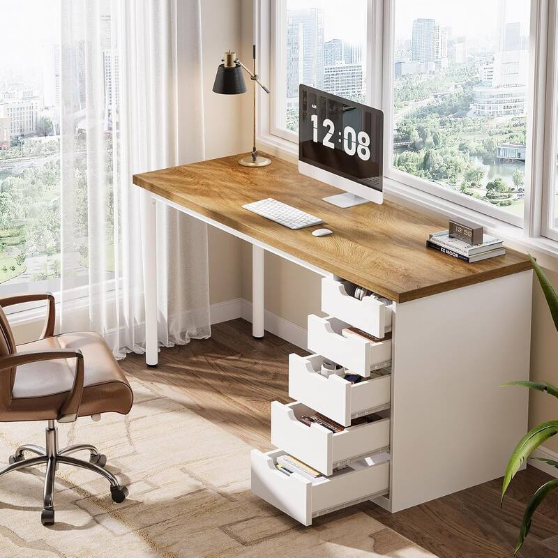 Modern Computer Desk with 5 Reversible Drawers, Storage Home Office Desk, PC/Laptop Desk, Study Writing Table Workstation