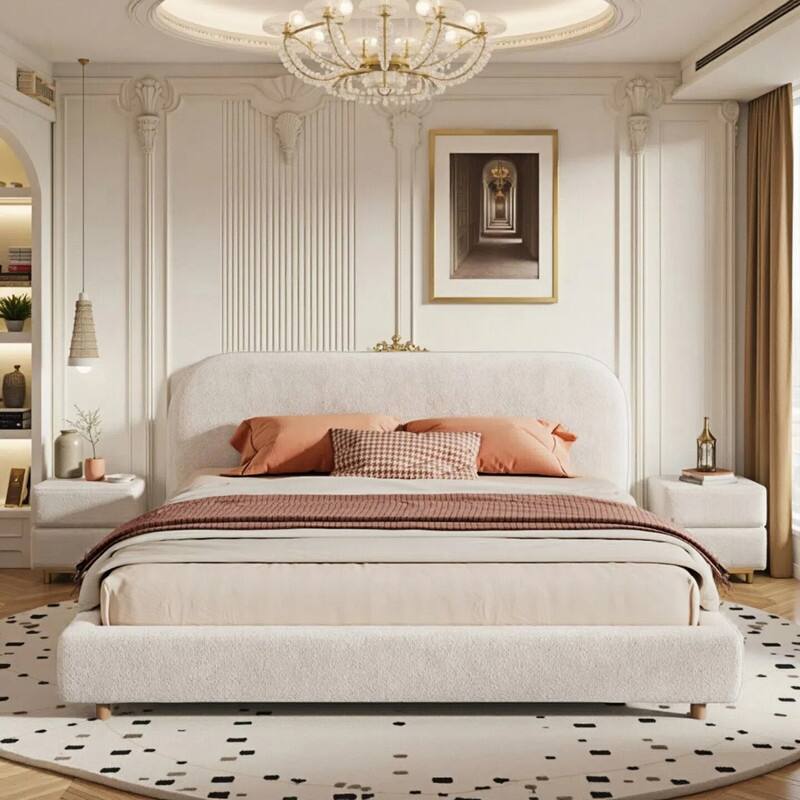 Teddy Fleece Thick Fabric Upholstered Platform Bed with Curved Shaped Headboard , Wood Bed Frame with Solid Round Legs