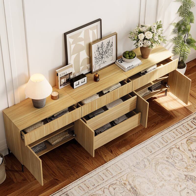 94.5" Modern Reeded Minimalist Sideboard With Doors And Drawers, 3-In-1 Wooden Credenza