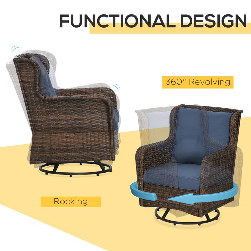 Outsunny 3-Piece Patio Bistro Set, PE Rattan Wicker Outdoor Furniture with Soft Cushions, 2 360° Swivel Rocking Chairs