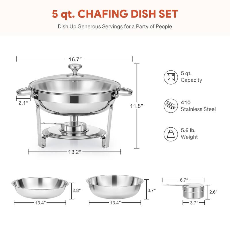 4 Pack 5 qt Stainless Steel Round Chafing Dishes Buffet Set