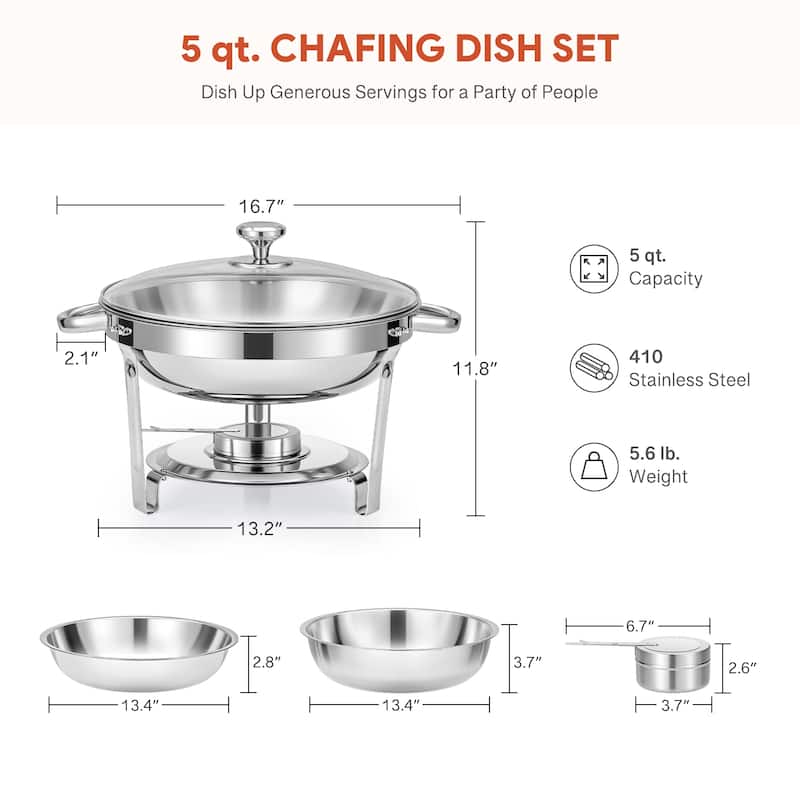 5 qt Stainless Steel Round Chafing Dish Buffet Set for Catering