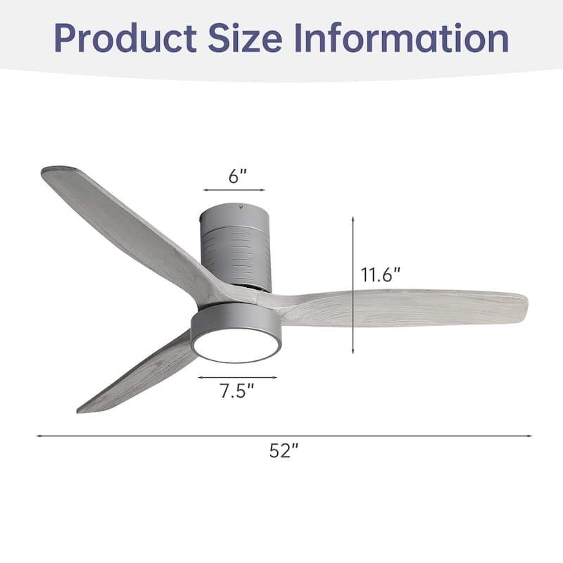 52 Inch Flush Mount Wood Blades White Ceiling Fan Reverse Airflow,6 Wind Speed,Remote Control