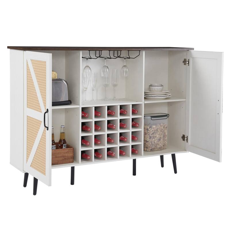 Faux Rattan Wine Bar Cabinet with Wine Rack & Wine Glass Holder, Buffet Storage Cabinet Kitchen Microwave Cabinet, White+Walnut