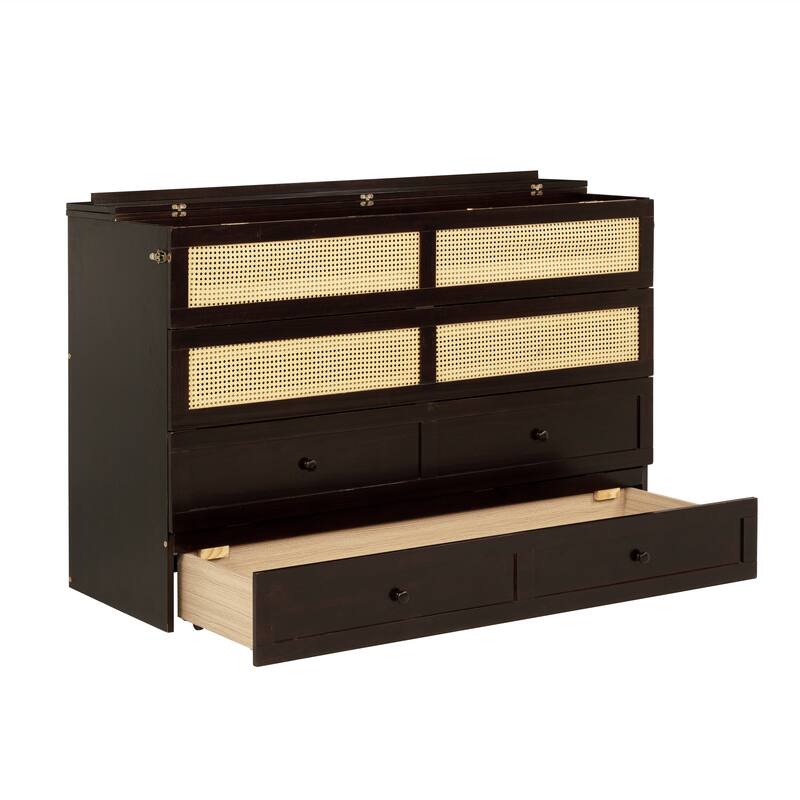 Queen Size Pine Wood Murphy Cabinet Bed with Rattan Decoration and Storage Drawer, Espresso