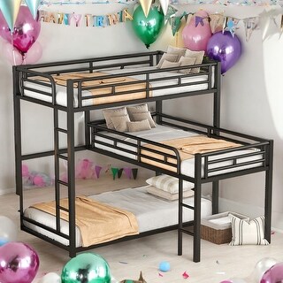 Modern L-shaped Metal Triple Twin Size Bunk Bed,Safety For Kids