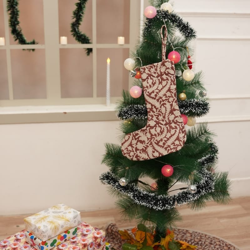 Fabdivine Hand Block Floral Print Christmas Knit Stockings, Home Decorative Gift Use - 16"X6.5"