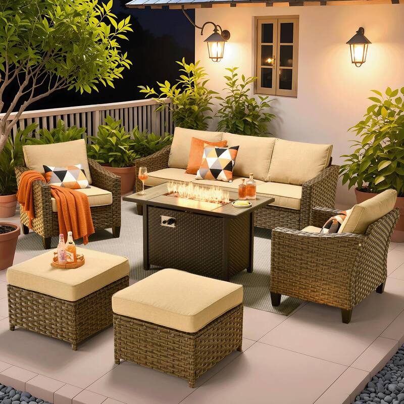 ​​OVIOS 6-Piece Outdoor Wicker Set with Fire Pit Table​
