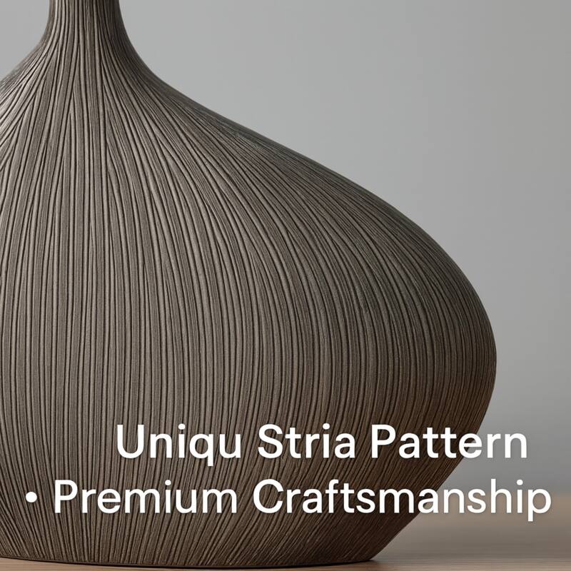 Aria Home Grey Stria Bloom Polyresin Vase with Textured Lines Decor Accent