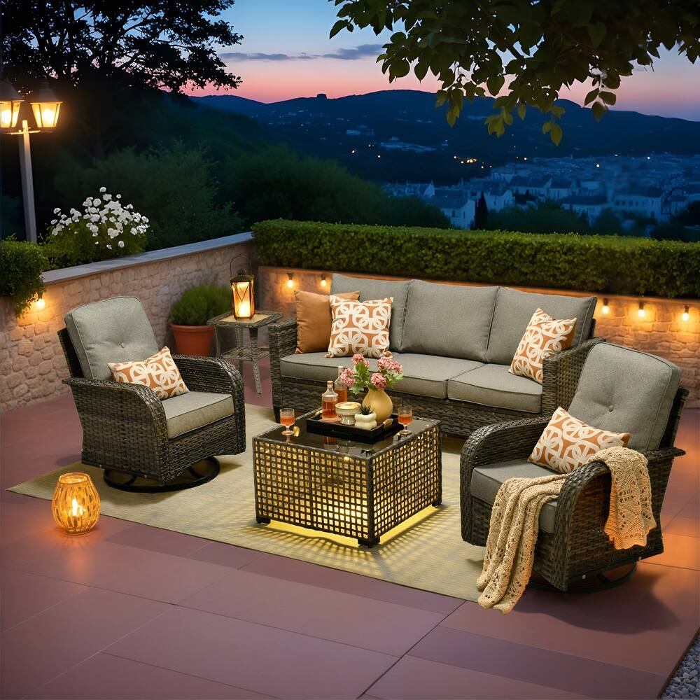 OVIOS 5 Piece Outdoor Patio Wicker Swivel Chair Conversation Set