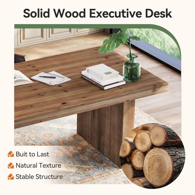 63" Solid Wood Executive Desk with Sturdy Wooden Legs, Rustic Dark Brown