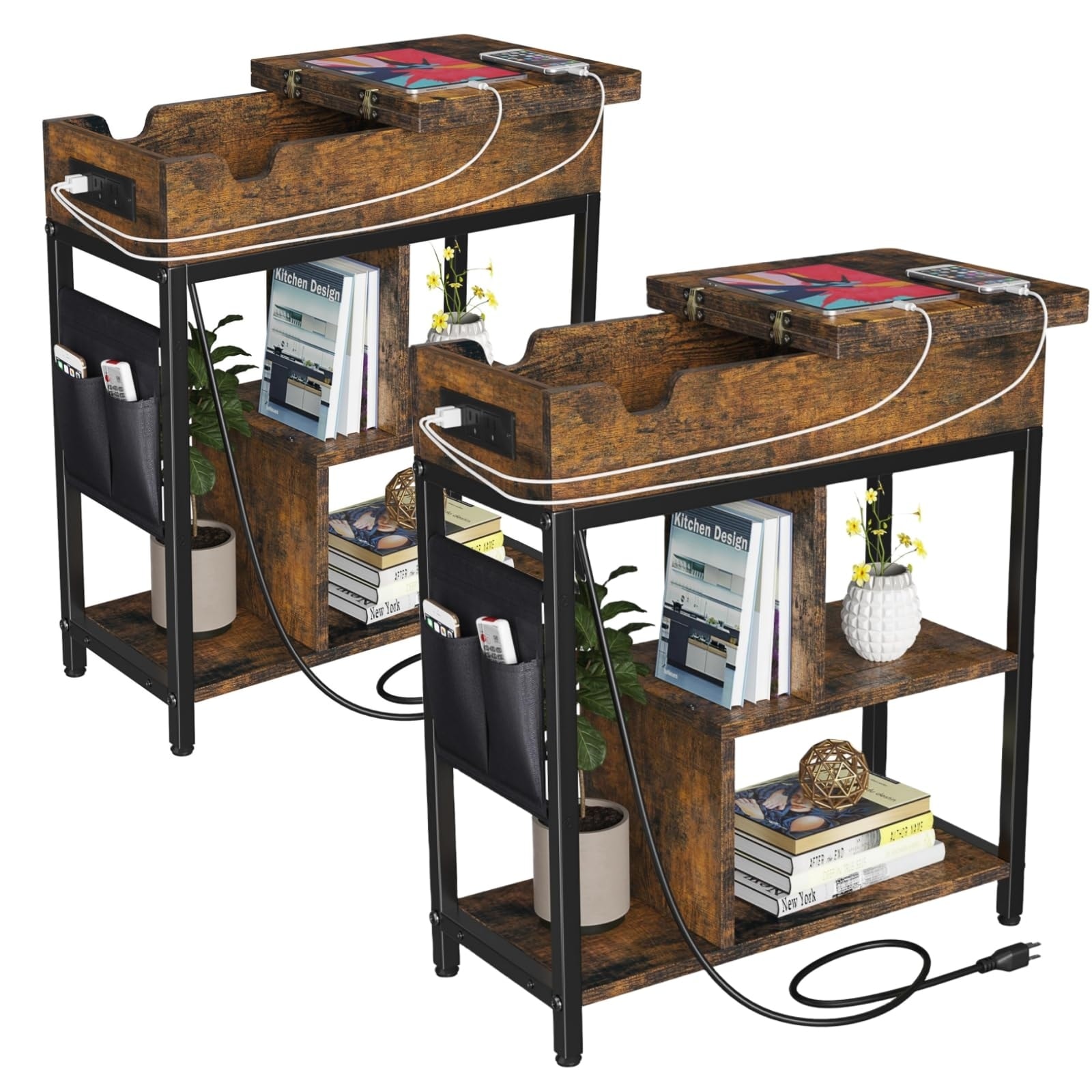 Set of 2 Smoked Wood Black Folding End Table Charging Station