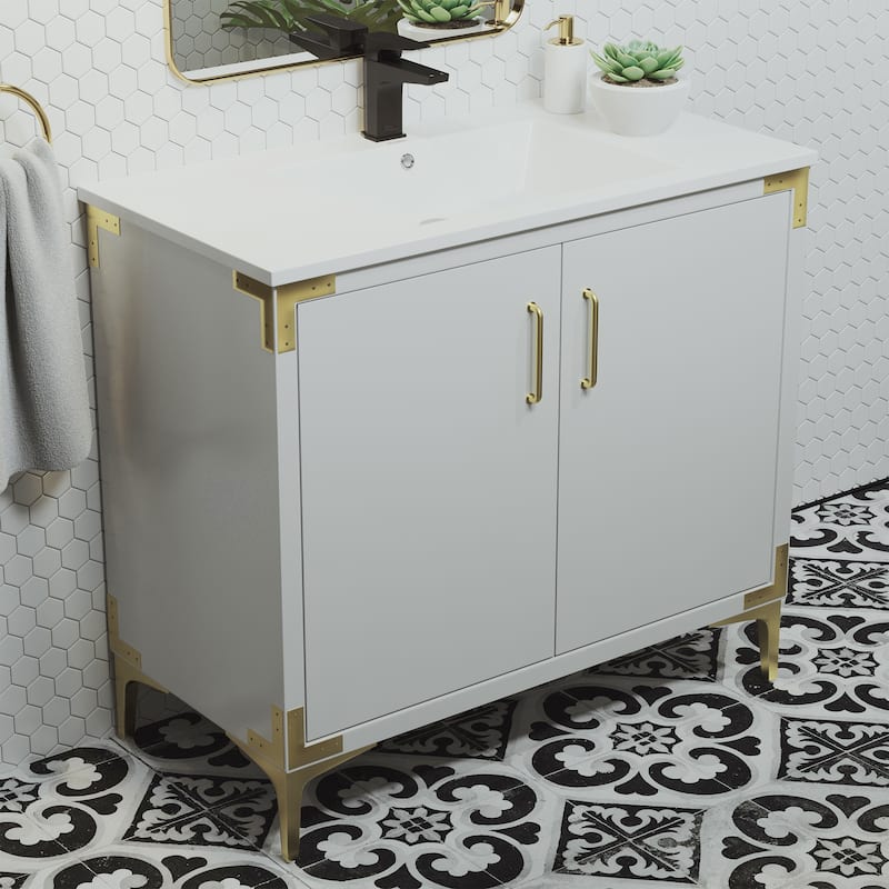 Voltaire 36" Single, Bathroom Vanity in White with Gold Hardware - White with Gold Hardware
