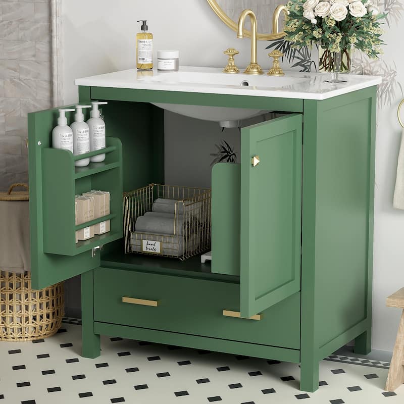 Roomfitters 30 Inch Bathroom Vanity with Single Ceramic Sink, Soft-Close Doors, Divided Drawer & Storage Cabinet, Green