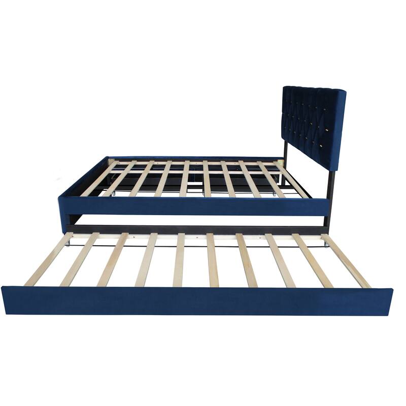 Modern Velvet Queen Bed with Twin Trundle and 2 Storage Drawers in Blue
