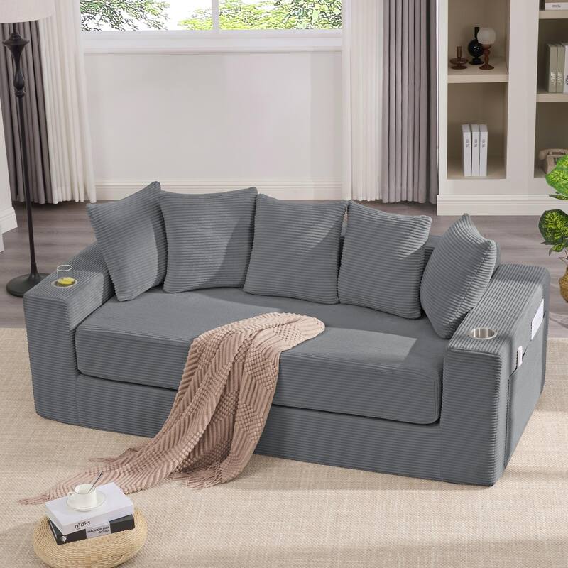 2-in-1 Convertible Sleeper Sofa, Floor Folding Couch, Sofa Bed with Side Pocket, Pull Out Loveseat with Cup Holders