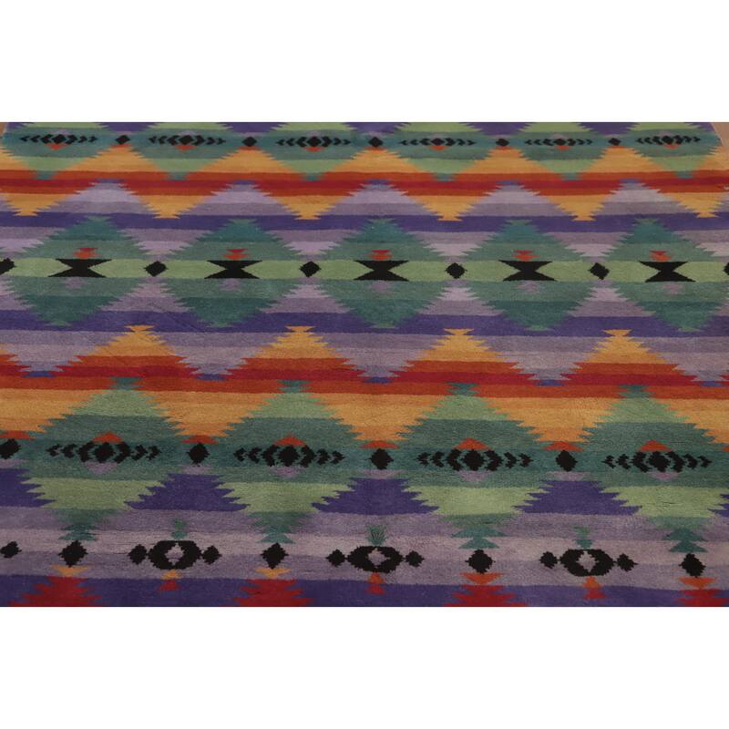 Hand-knotted Tribal Wool Purples Geometric Oriental Area Rug - 9' 2'' X 6' 1''