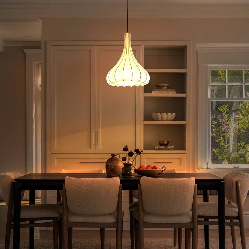 White Fluted Bell Fabric Pendant Light for Bedroom & Living Room - Dia.13.78-in