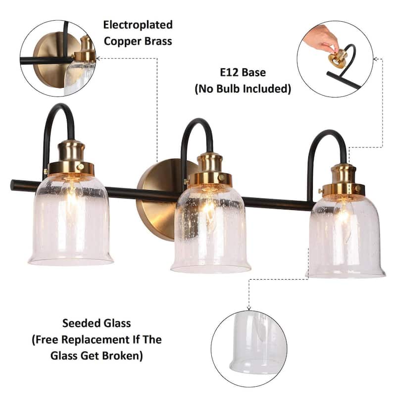 Kesa Modern 2/3-Light Black Gold Bathroom Vanity Lights Seeded Glass Bell Wall Sconces