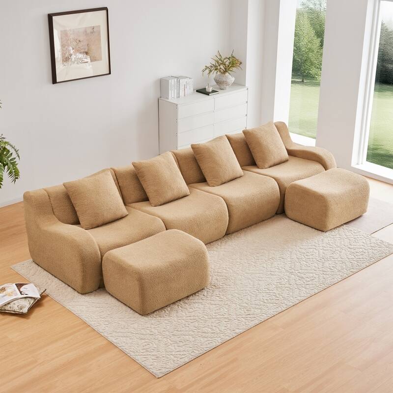 148" Premium Teddy Fabric U-shaped Modular Curved Armrests Boneless Sofa Set - Camel