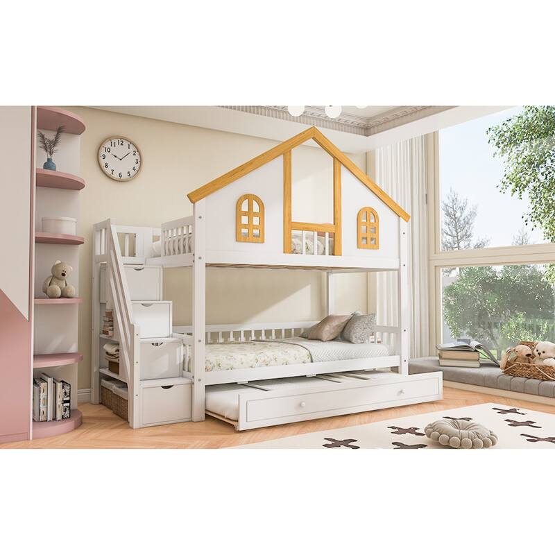 Roomfitters Twin Over Twin/Full Over Full House Bunk Bed with Trundle, Storage Staircase and Roof, White and Natural