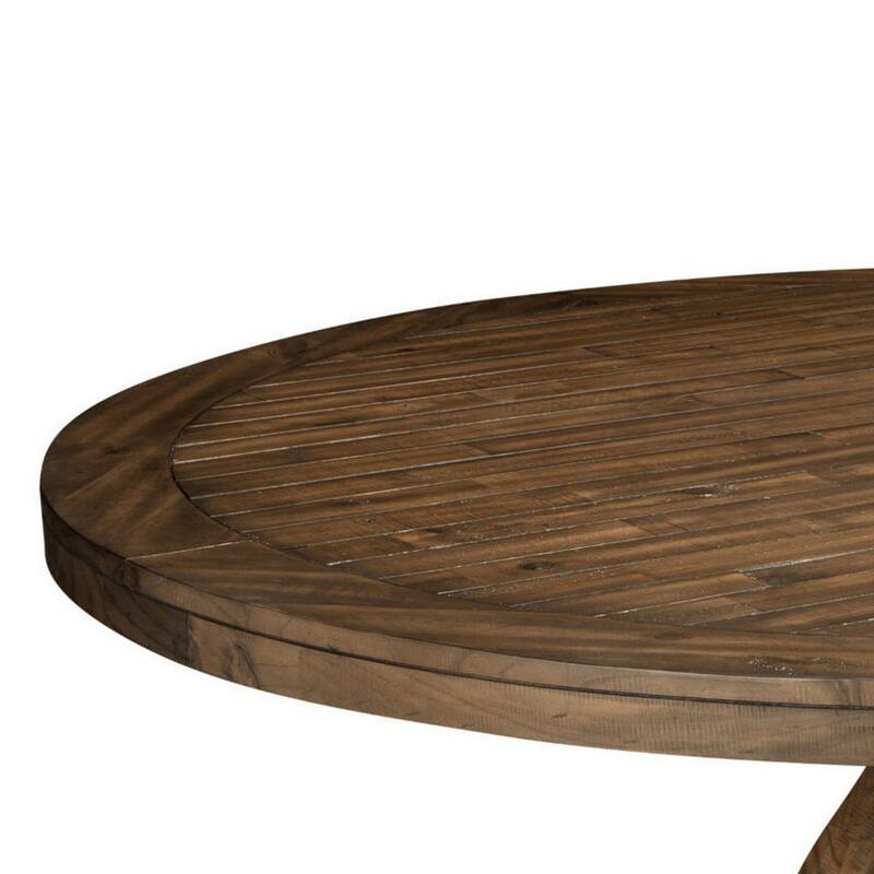 60 Inch Round Dining Table, Carved Pedestal Base, Reclaimed Walnut Brown