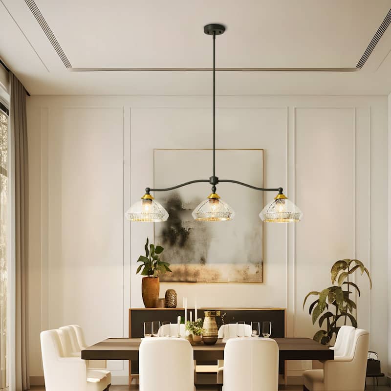 39" 3-Light Modern Industrial Linear Island Adjustable Pendant with Textured Dome Glass Shade for Kitchen, Dining Room