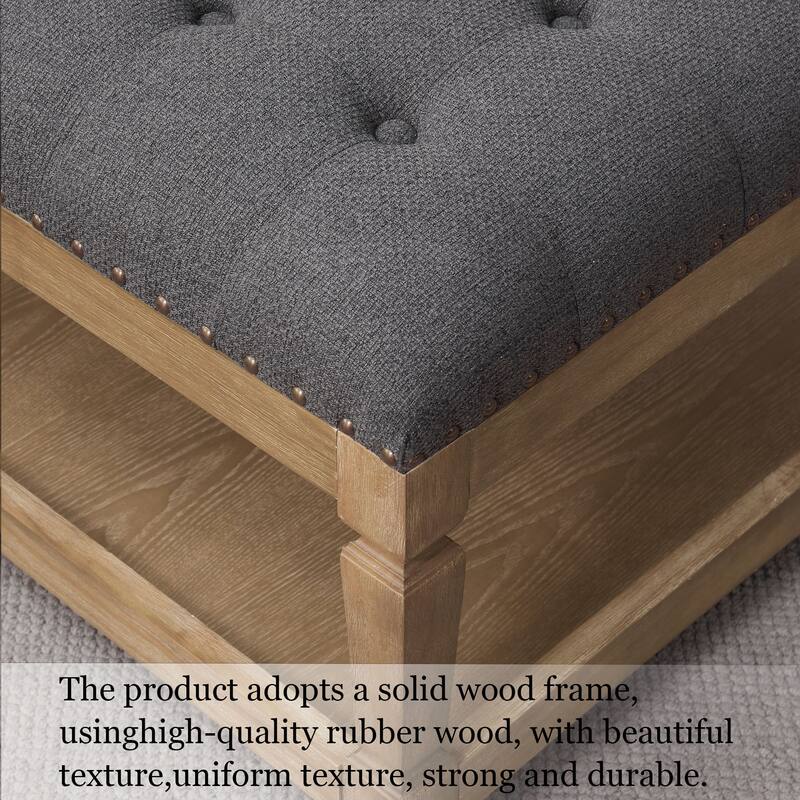 Button-Tufted Upholstered Coffee Table Ottoman with Wooden Shelf – Square Fabric Ottoman
