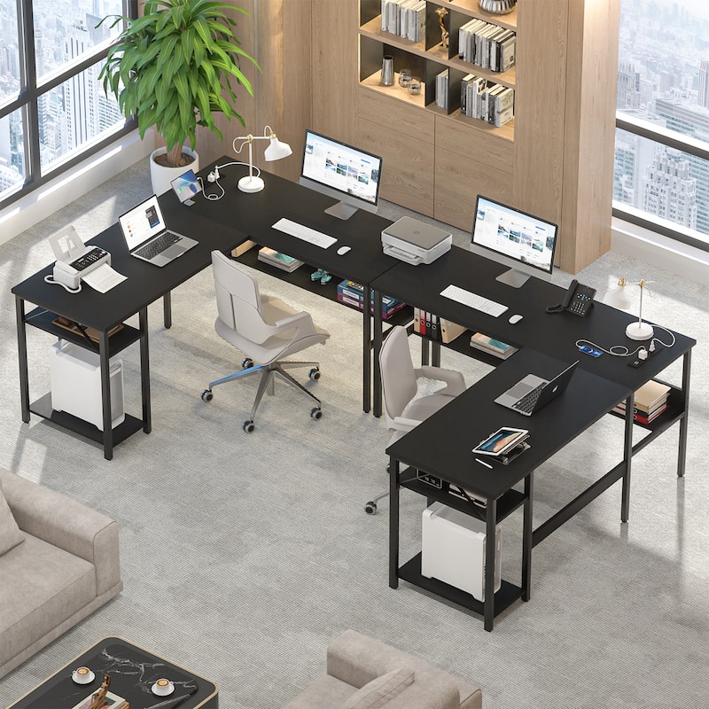 Reversible L Shaped Desk with Storage Shelves, Home Office Corner Desk with Charge Station