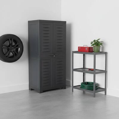 HomeRoots 49" Dark Gray Heavy Duty Plastic Locking Two Door Utility Cabinet - 23.50 in. x 48.75 in. x 14.00 in.