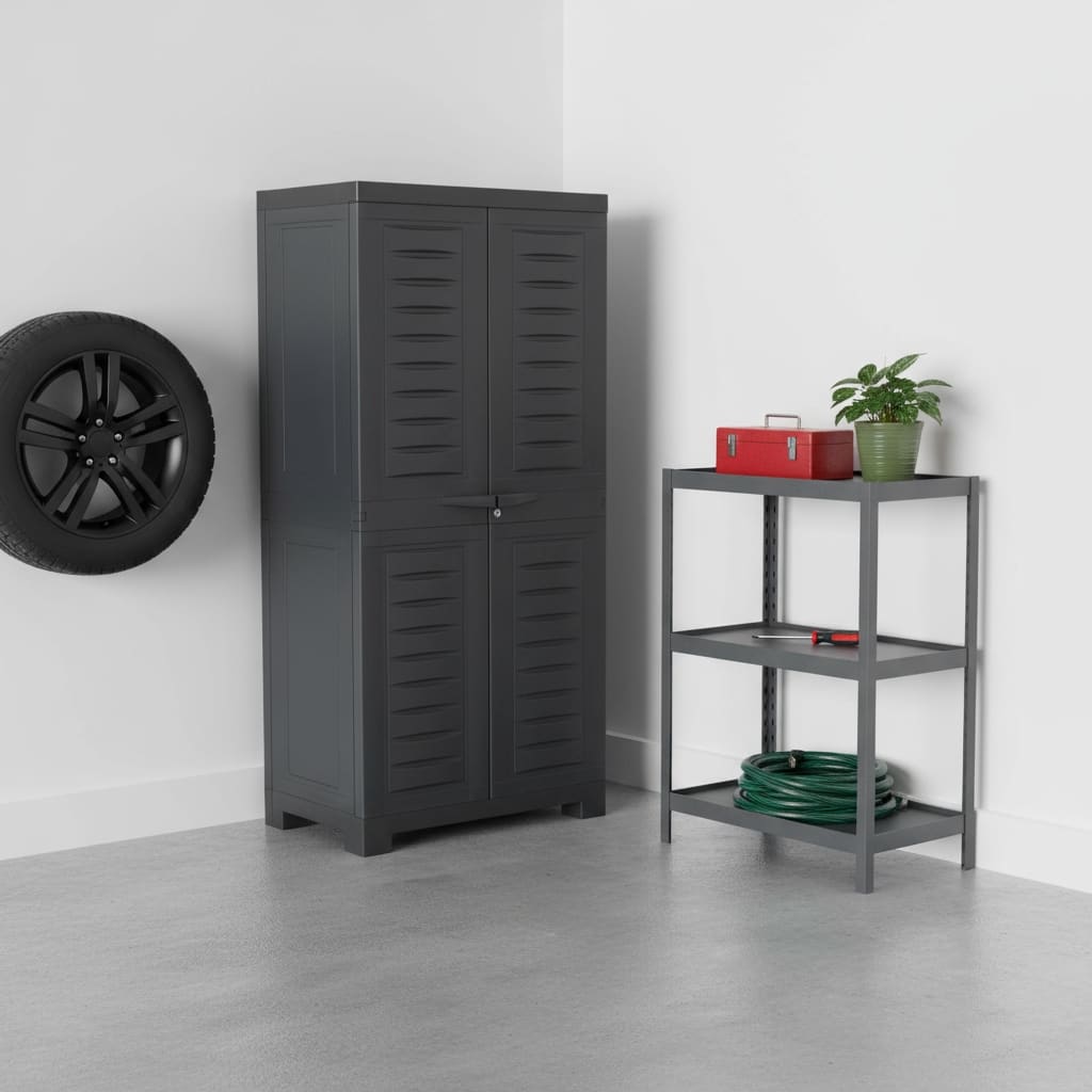 HomeRoots 49" Dark Gray Heavy Duty Plastic Locking Two Door Utility Cabinet - 23.50 in. x 48.75 in. x 14.00 in.