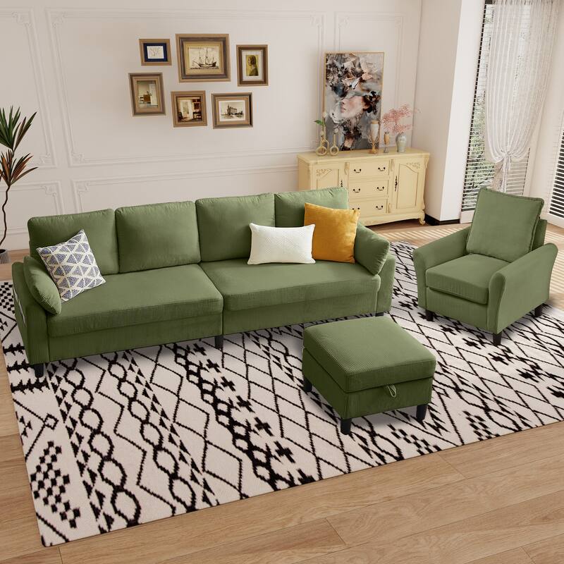 101"Corduroy 3 Piece Living Room Set Including 4 Seater Sofa ,Storage Ottoman and Chair