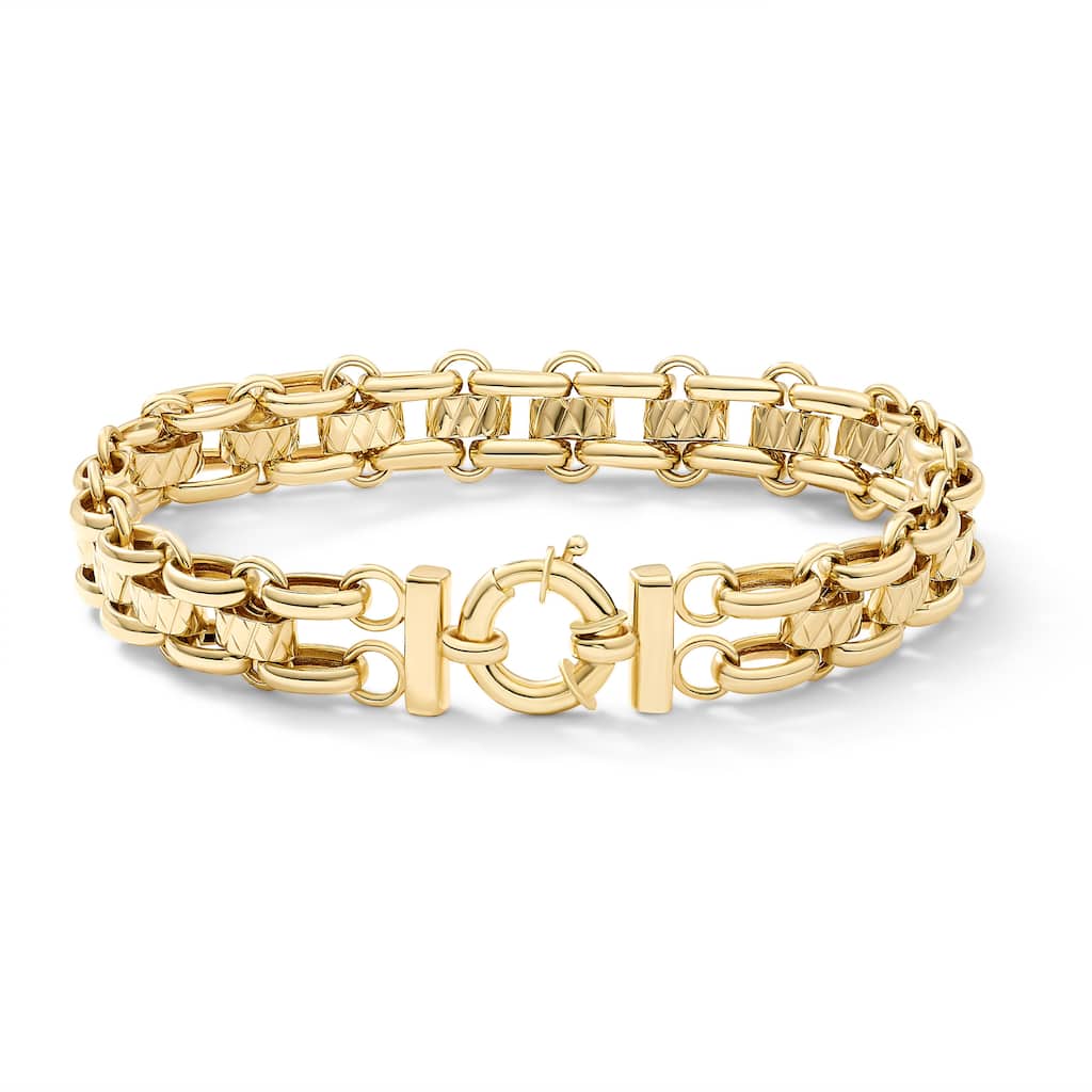 Clover 14K Yellow Gold Double Row Oval Link Bracelet with Diamond-Cut Barrel Stations - 7.5"