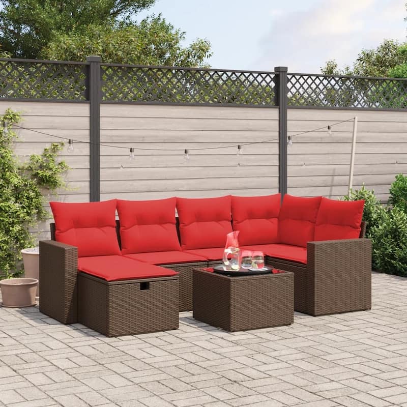 vidaXL Patio Sofa Set with Cushions Outdoor Conversation Furniture Poly Rattan - Brown with table - 24.4" x 24.4" x 27.2"