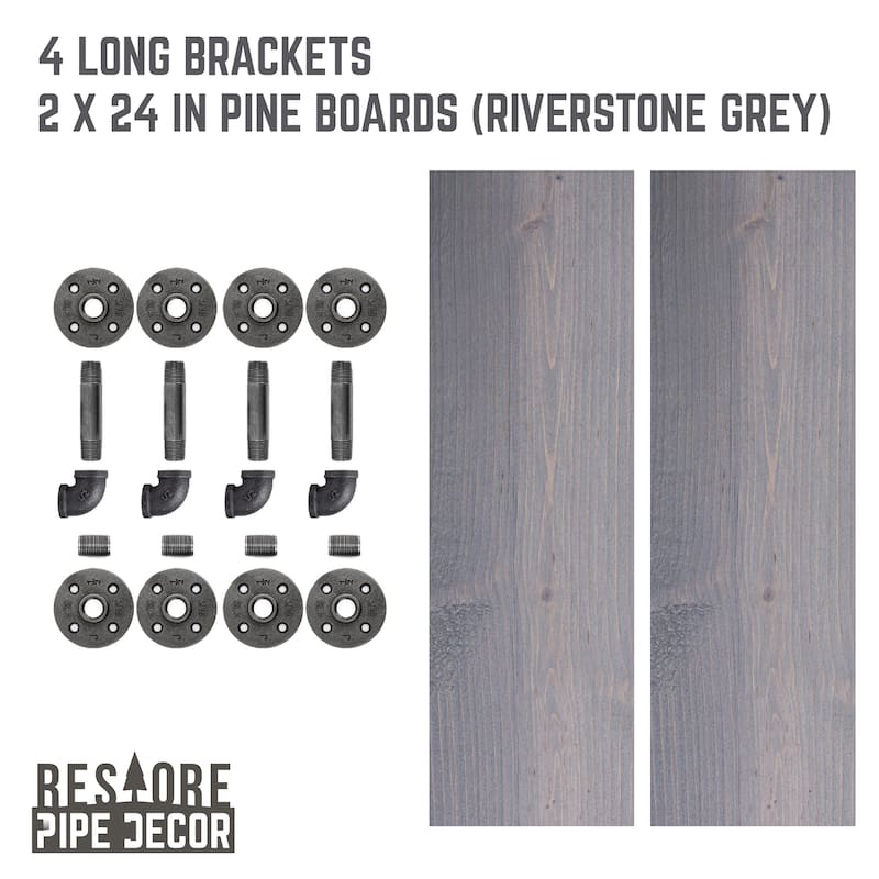 Restore Wood 24 in. Wall Shelf, L-Shape Steel Pipe Brackets, Set of 2