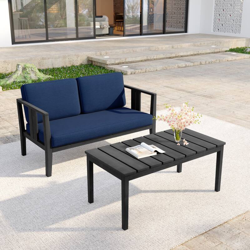 Casual 53"W Outdoor Patio Loveseat Set In Solid Teak Wood with Cushion - Dark Wood - Navy