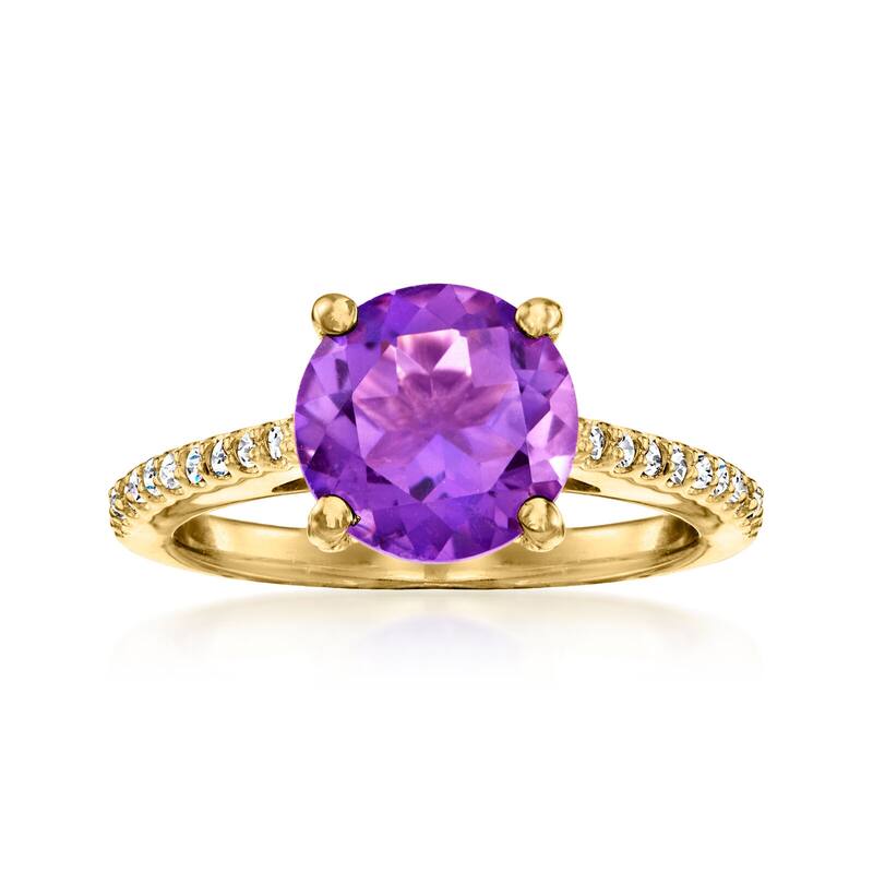 18K Yellow Gold Over Sterling Silver 9mm Round Brazilian Amethyst, White Natural Zircon Ring