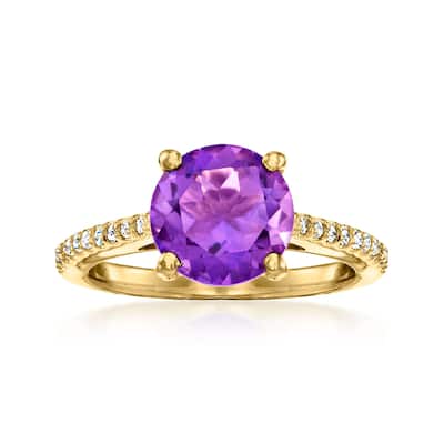18K Yellow Gold Over Sterling Silver 9mm Round Brazilian Amethyst, White Natural Zircon Ring