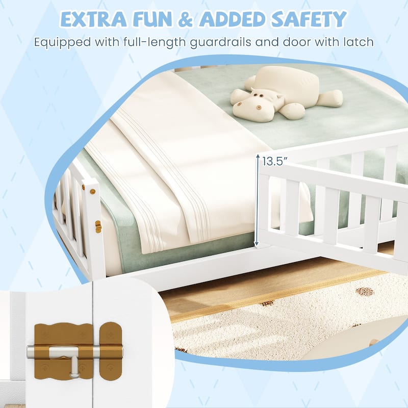 Montessori Floor Bed Frame with Full-length Guardrails Safety Door and Plywood Slats
