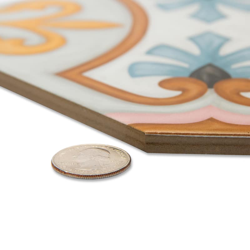 Merola Tile Vaudeville Octagon Deco Diglas with Taco Pink 7-7/8" x 7-7/8" Porcelain Floor and Wall Tile