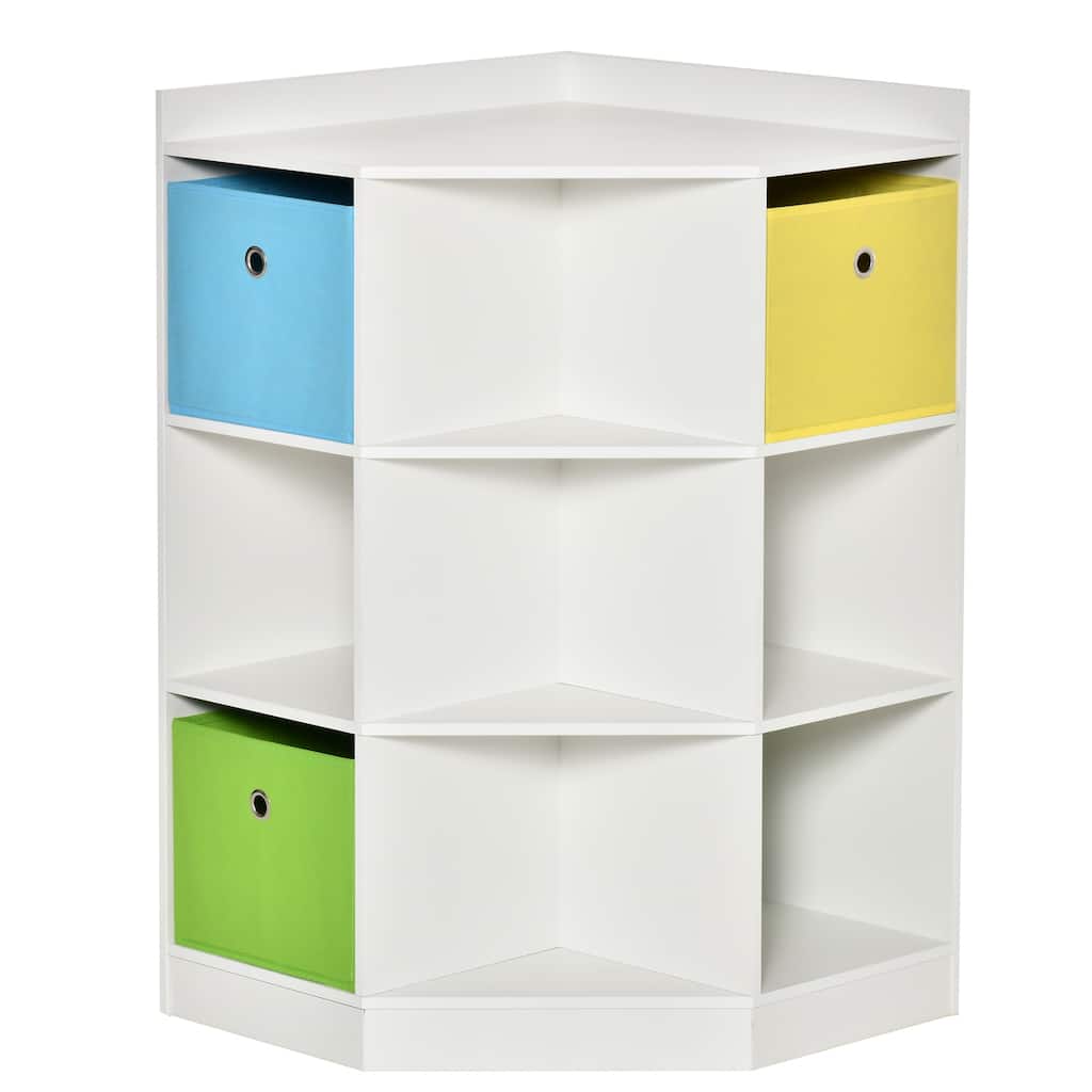 Kids Corner Cabinet, Cubby Toy Storage Organizer, Bookshelf Unit with Three Baskets for Playroom, Bedroom, Living Room