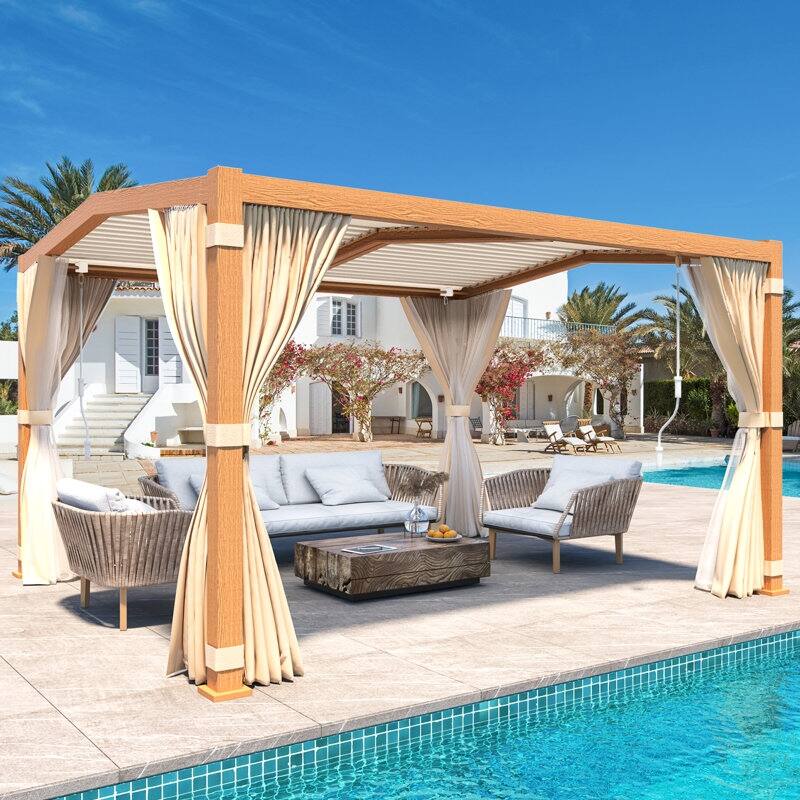 EROMMY Outdoor Louvered Pergola Gazebo with Adjustable Aluminum Rainproof Roof and Pull-Down Screen - 11'x13' A Shape - Wood (Normal curtains)