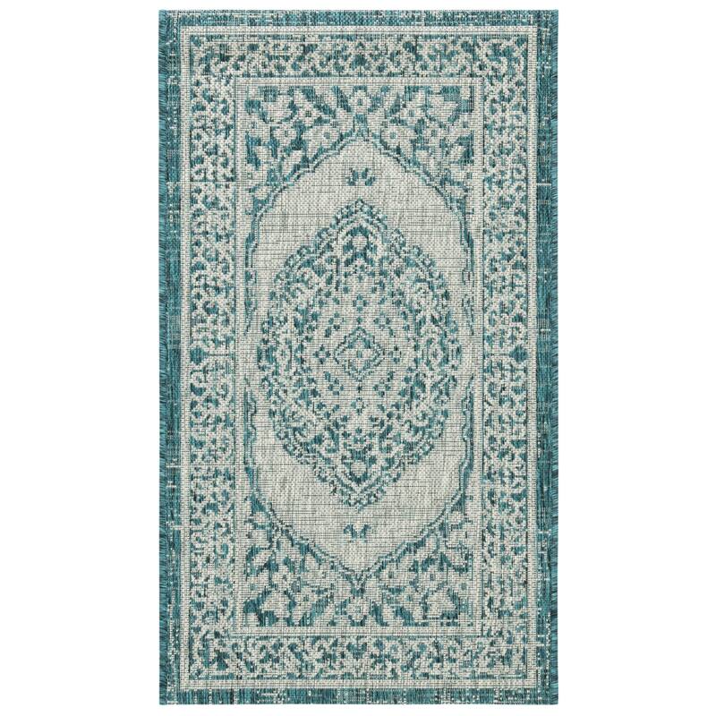 SAFAVIEH Courtyard Thoma Medallion Indoor/ Outdoor Waterproof Patio Backyard Rug - 2'7" x 5' - Light Grey/Teal