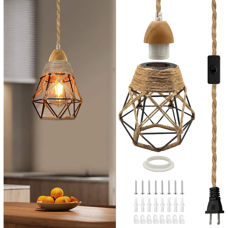 Rustic bedroom light black pendant light wood & hemp rope cable hanging light