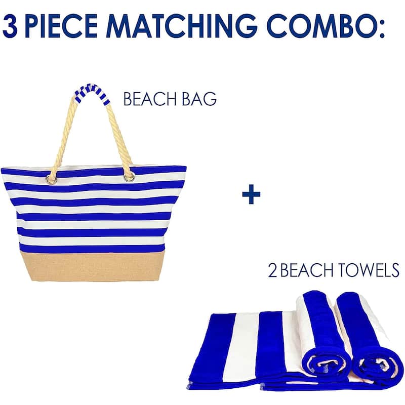 3 Piece Set Cabana Stripe, Two Beach Towel Set 32 x 62 Plus a Striped Beach Bag
