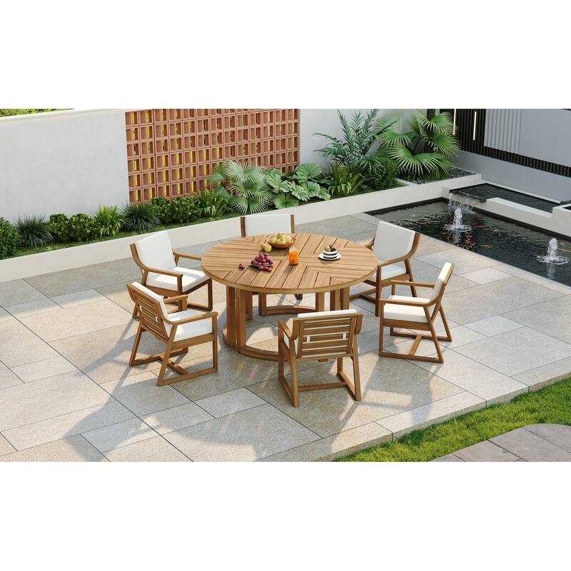 Round Patio Dining Table Set for 6 with Umbrella Hole Durable Acacia Wood Outdoor Furniture