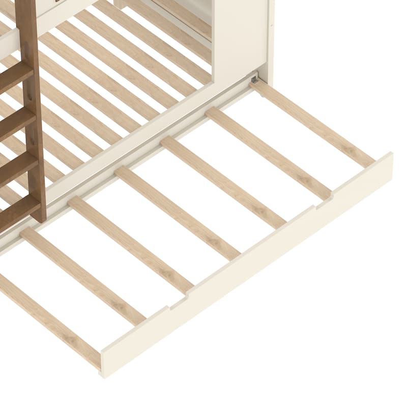 Queen over Queen Bunk Bed with Trundle, Shelves and Hooks