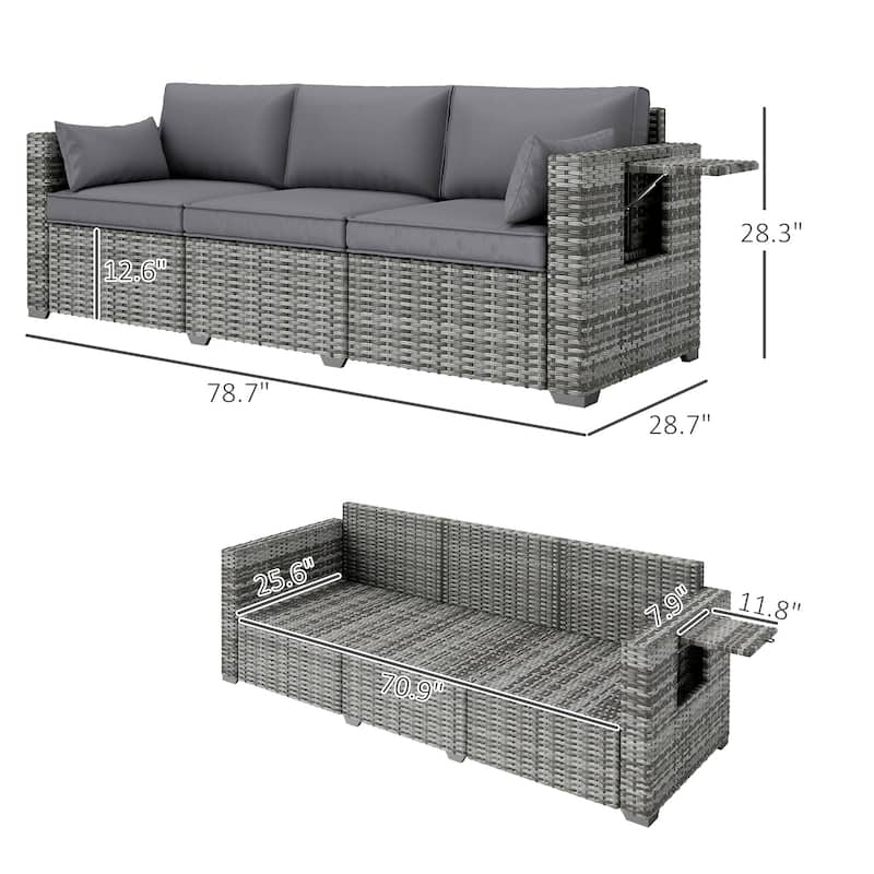 Three-Seater Outdoor Rattan Sofa with Cushions and Side Tray Tables for Patio and Garden - 78.7" W x 28.7" D x 28.3" H