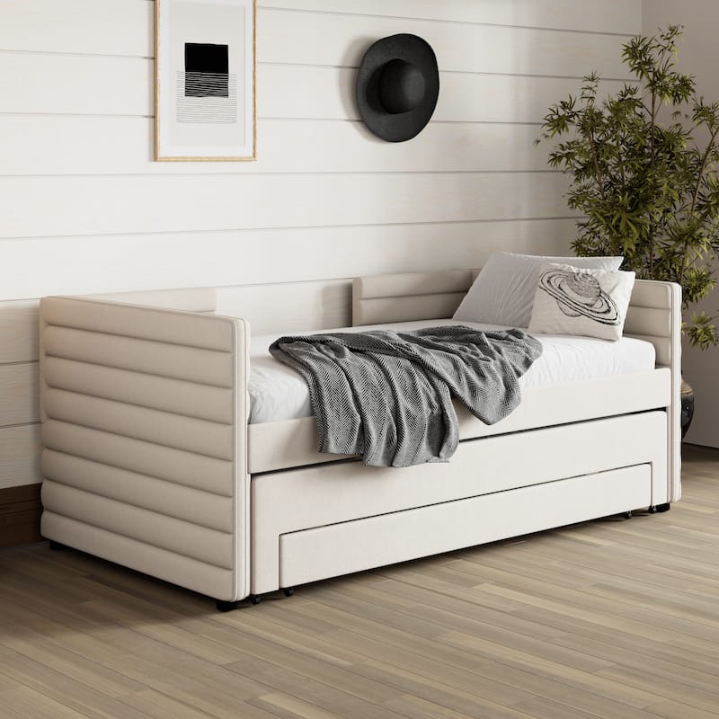 Roomfitters Twin Upholstered Daybed with Trundle and 3 Storage Drawers, Linen Fabric Sofa Bed Frame for Guest Room
